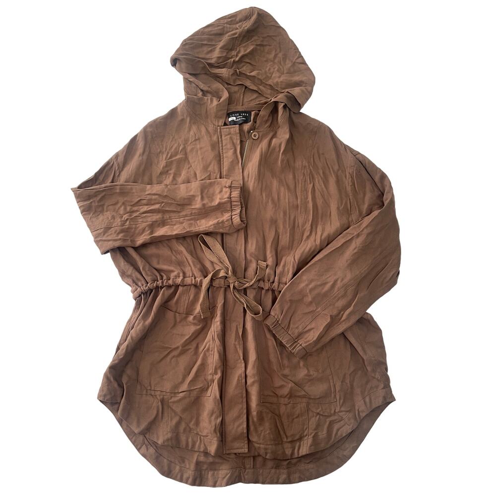 Love Tree Full Zip Tie Waist Pocket Parka Hooded Jacket Brown Green - Size Large